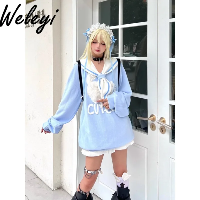 Kawaii Japanese Ropa Mujer Pullover Hoodies Fall College Sweet Sister Navy Collar Plush Pussy Long Sleeve Loose Sudaderas Nuevas