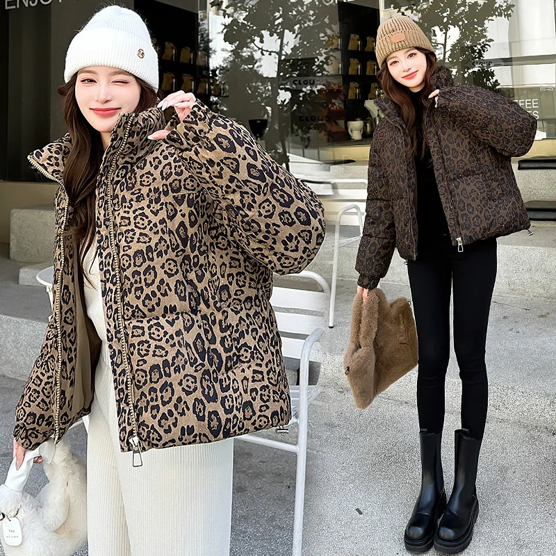 Leopard Print Women's Cotton Jacket Loose Fit Winter Warm Stand Collar Zipper Quilted Padded Crop Y2K Parka Outerwear for Female
