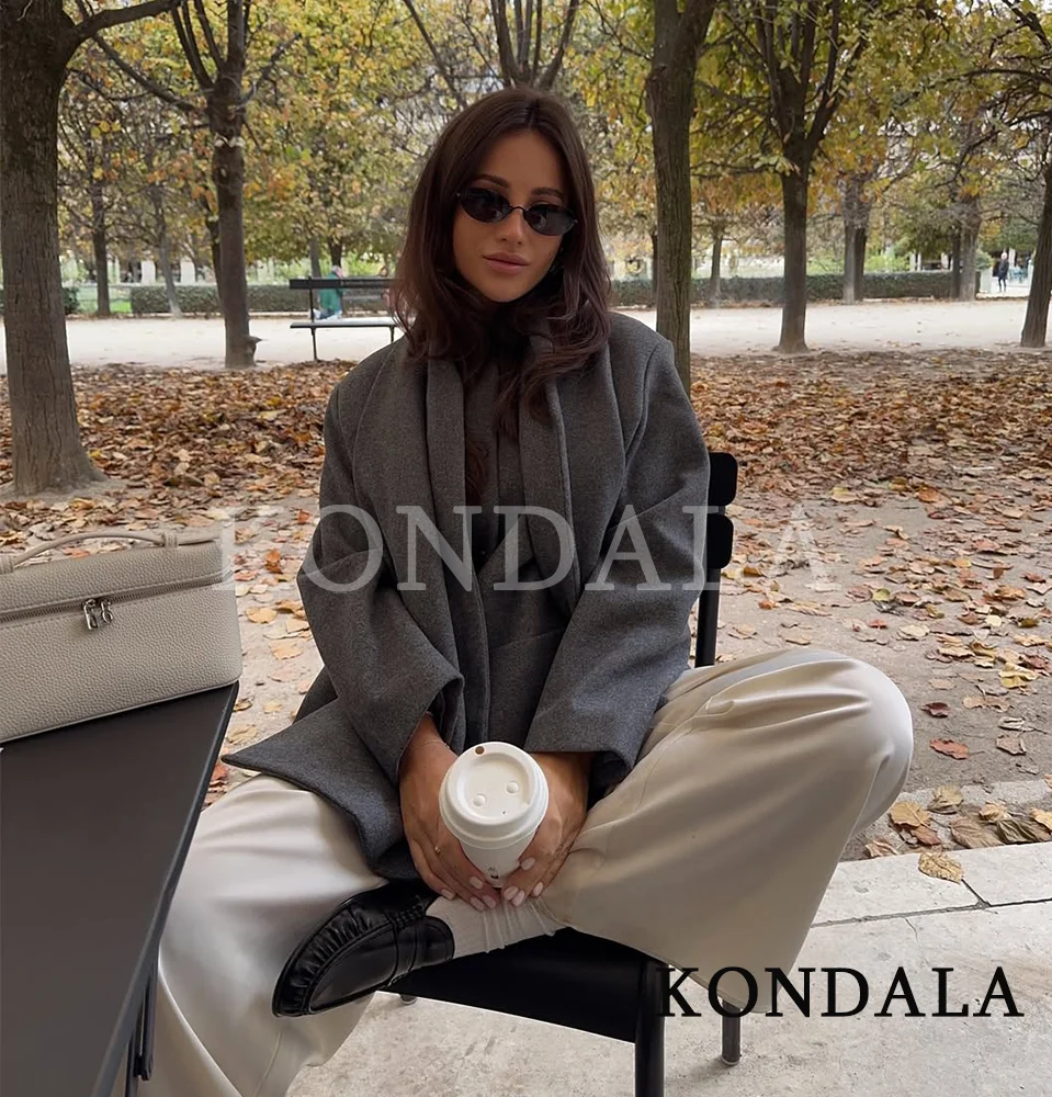 KONDALA الخريف المخلوطة وشاح طوق معطف المرأة أزرار أنيقة معطف غير رسمي 2025 الخريف الشتاء موضة بسيطة الكلاسيكية معطف السيدات #5