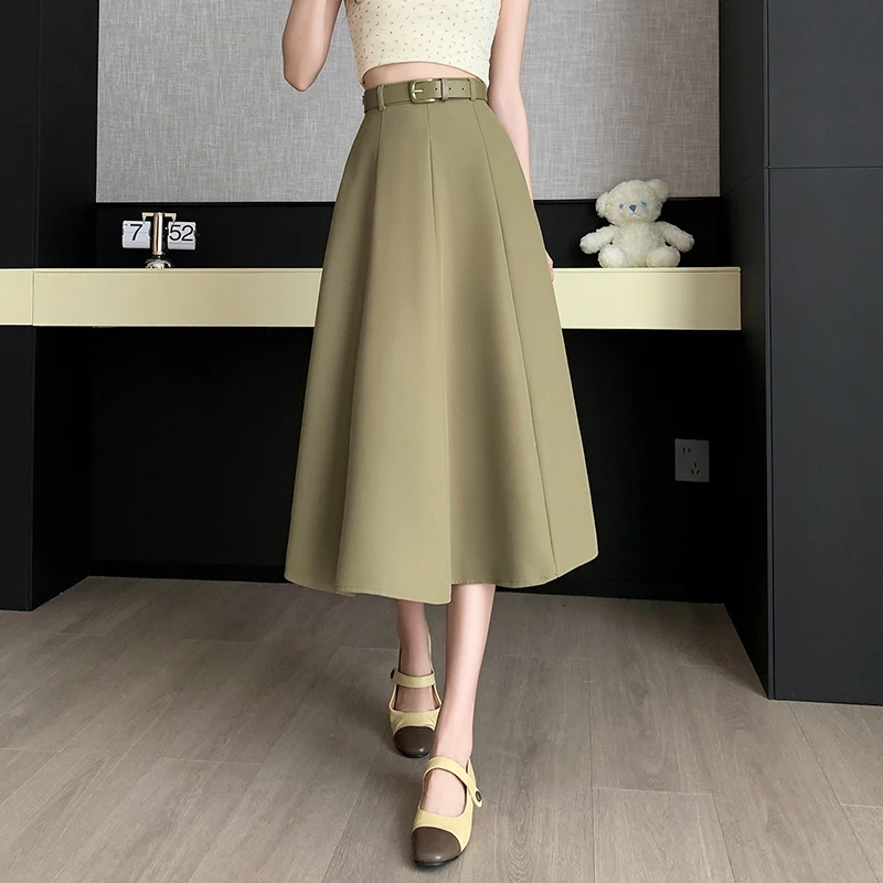 Seoulish Solid Color Women's A-Line Skirts Summer 2024 Spring New High Waist Vintage Office Ladies Casual Mid Skirts Female