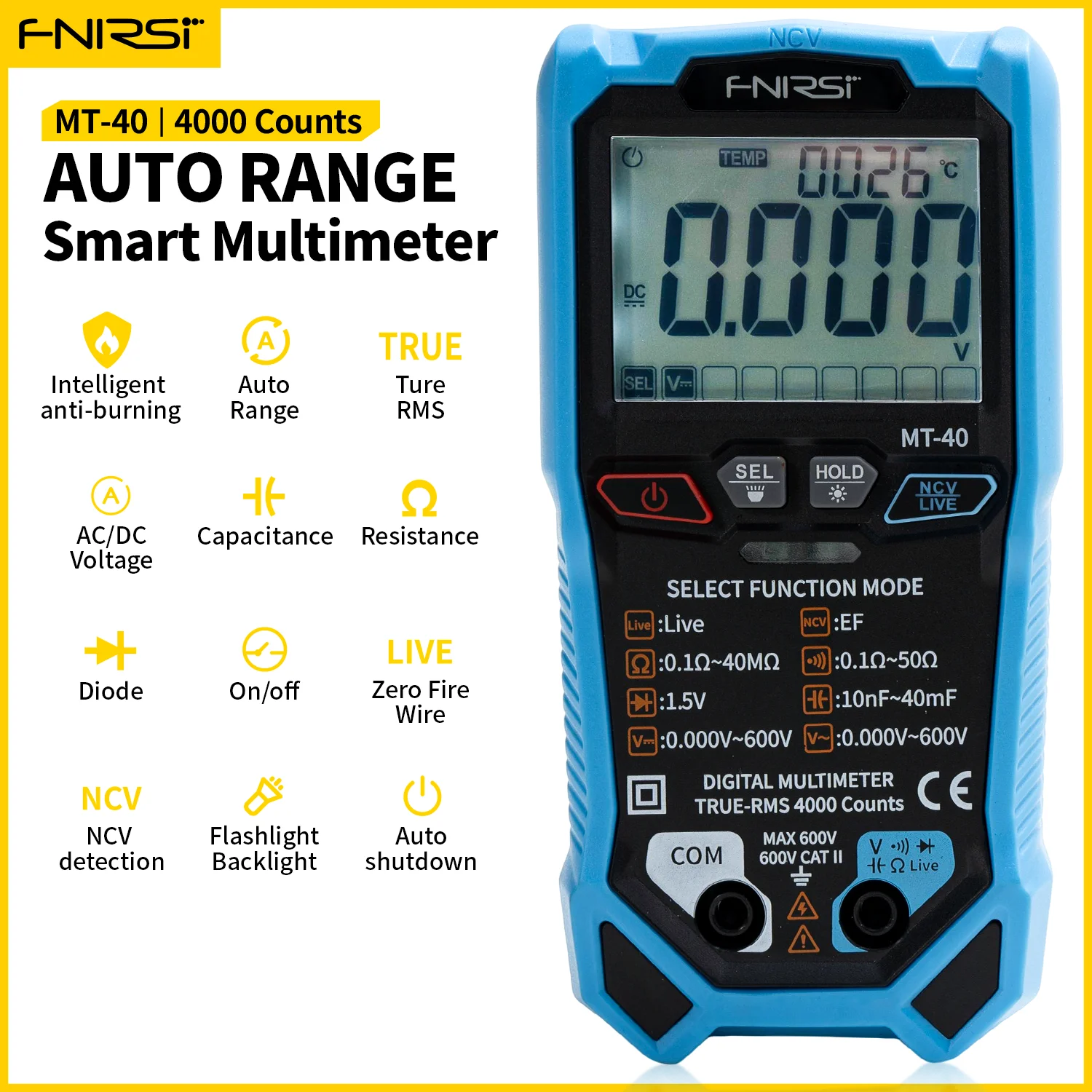 FNIRSI MT-40 Digital Multimeter AC DC Voltage Meter 600V Auto Range True RMS 4000 Counts NCV Capacitance Ohm Diode Hz Test