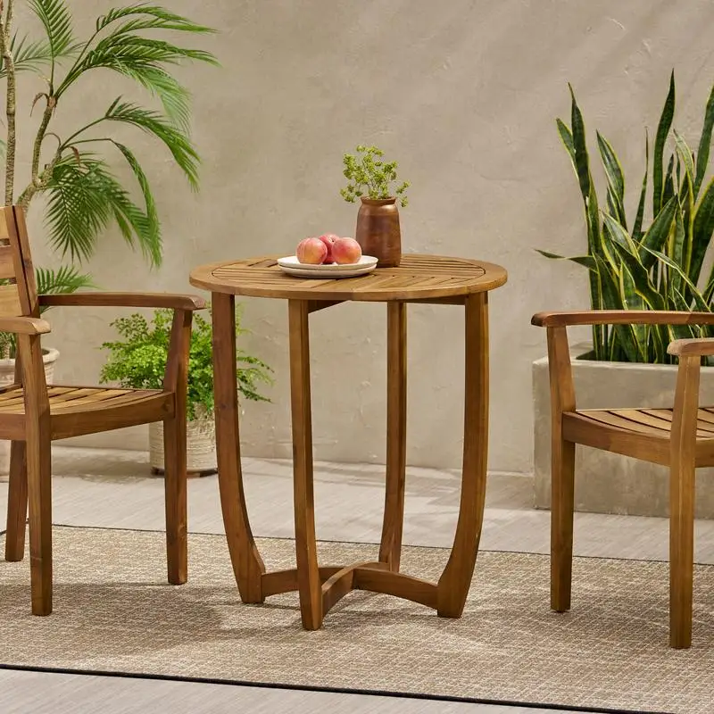 

Outdoor Acacia Wood Accent Table, 27.5" Teak Finish, Round Design for Patio or Garden Use