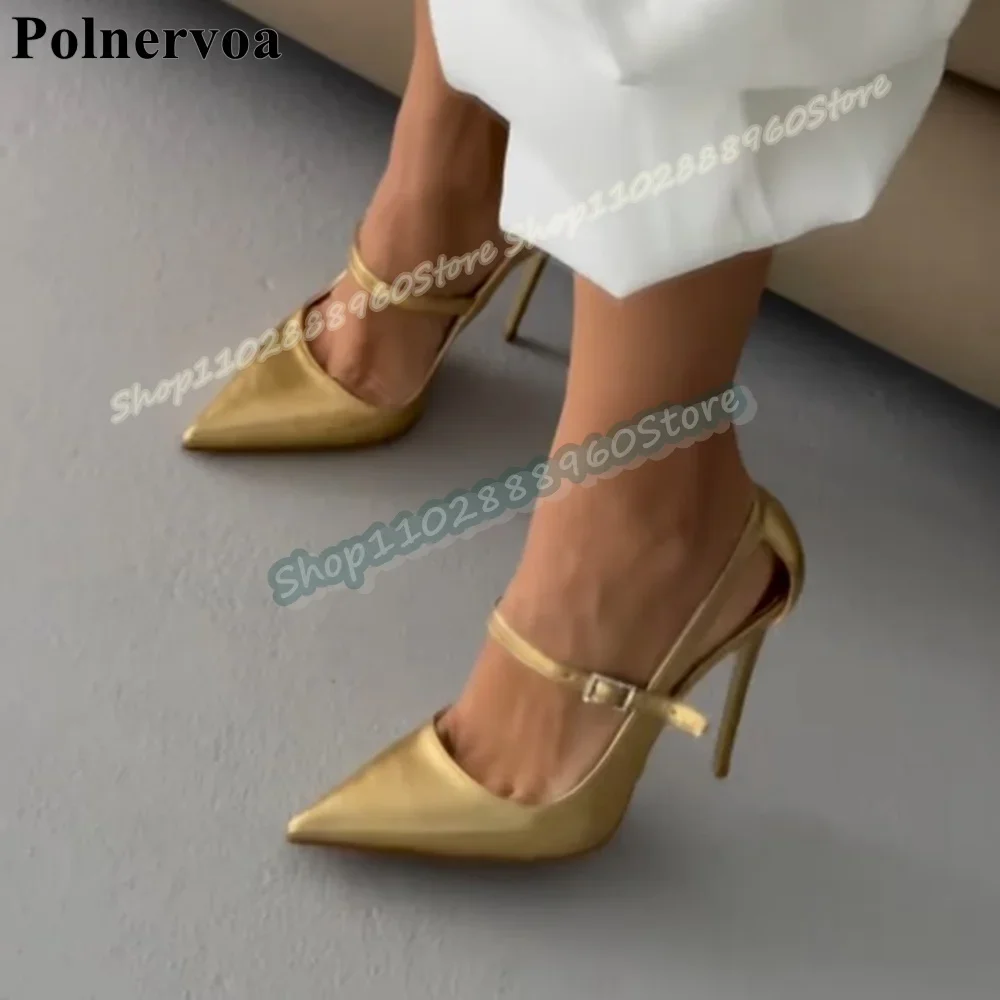 

Golden Metallic Leather Pointy Pumps Stilettos High Heel Shoes For Women Buckle Strap Pointed Toe Luxury Banquet Women Pumps