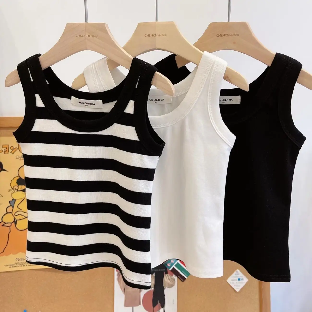 

100-160cm Girls' T-shirt Summer Casual Sleeveless Top Fashionable Children's Bottom Korean Striped Strap