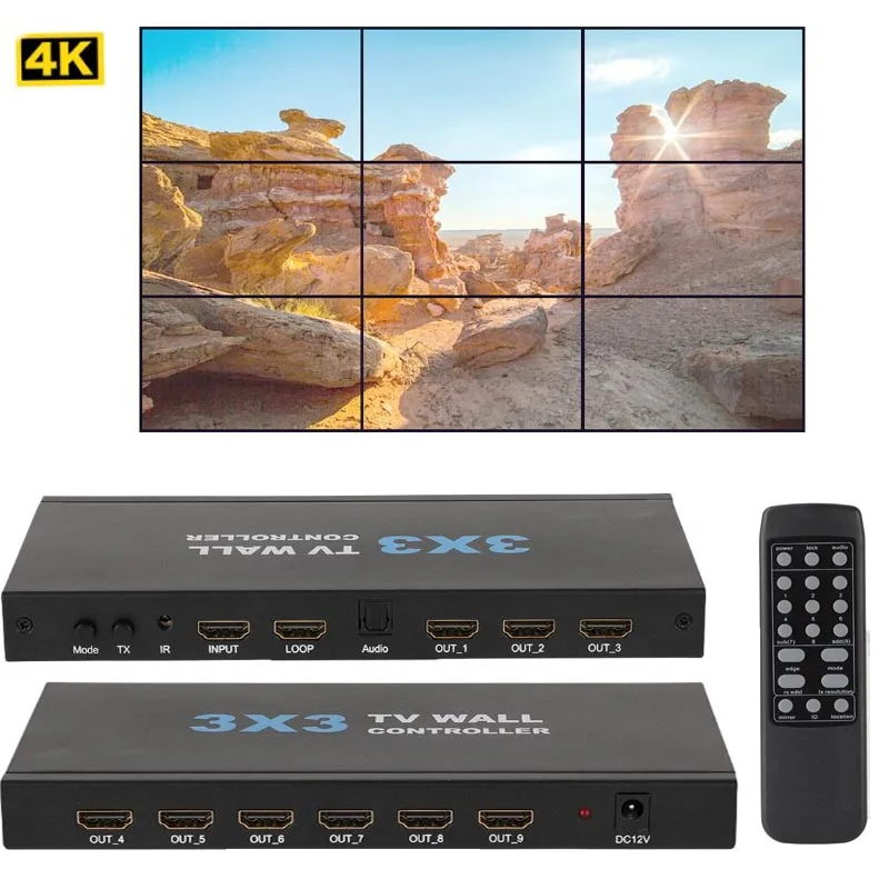 

4K 3x3 9 Screen HDMI TV Wall Controller Splicer 3x4/4x3/4x4 Multi Video Screen Processor Switcher with Remote for TV Splicing