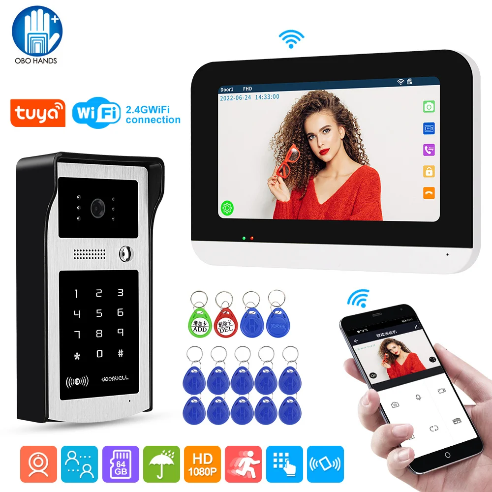 Tuya APP Wireless WiFi Video Intercom System RFID Card Password Outdoor Camera Doorbell + 7inch 1080P HD Touch Indoor Monitor