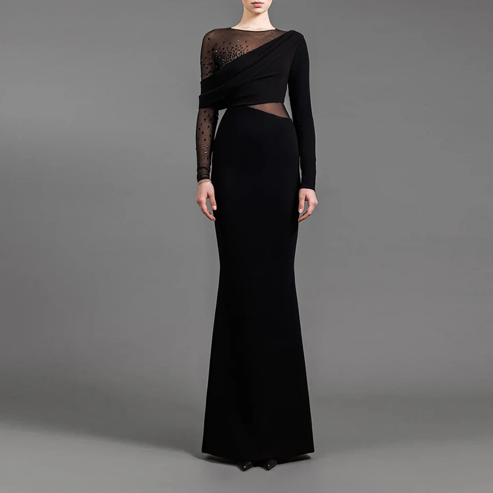 

Customized Illusion Evening Dresses Beading Full Sleeves Mermaid Sexy Women Party Dress Black Elegant Long Gowns