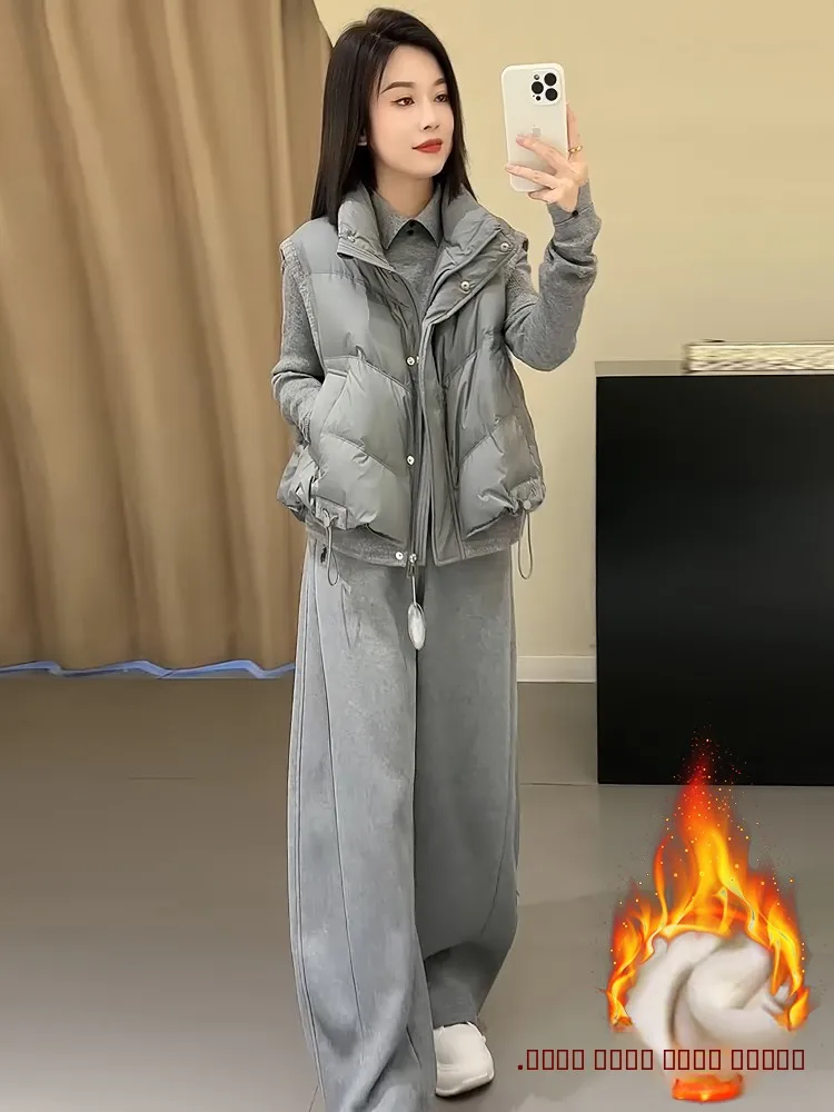 

Женский зимний модный комплект: утепленный хлопковый жакет, свободные брюки с широкими штанинами, комплект из двух предметов, теплый, простой, повседневный стиль