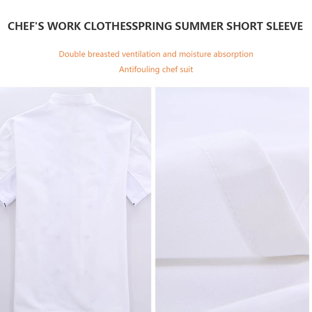 Chef Coat Short Sleeve with Buttons Pockets Cook Jacket Fashion Cooking Uniform Skin-friendly Summer Costume Black M