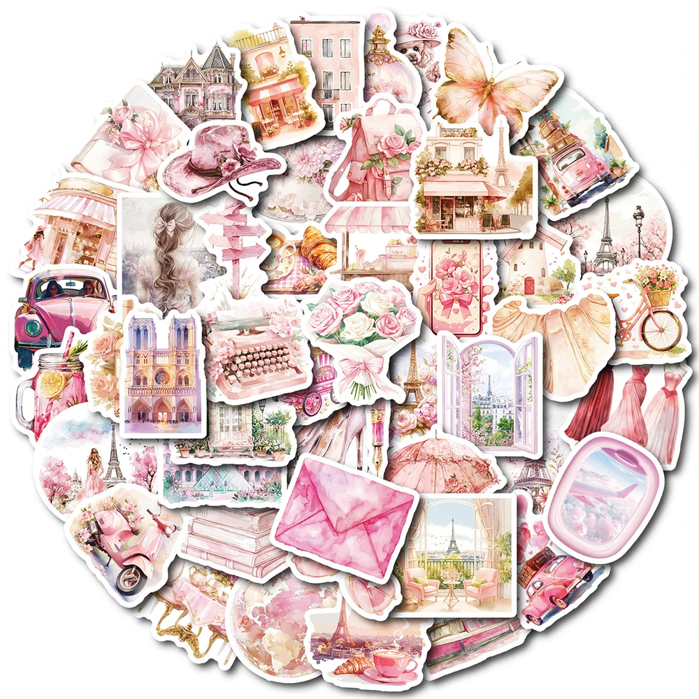 10/30/50pcs Cute Pink Romantic Paris Stickers Aesthetic Decals Notebook Laptop Phone Suitcase Girl Cartoon Sticker for Kids Toy