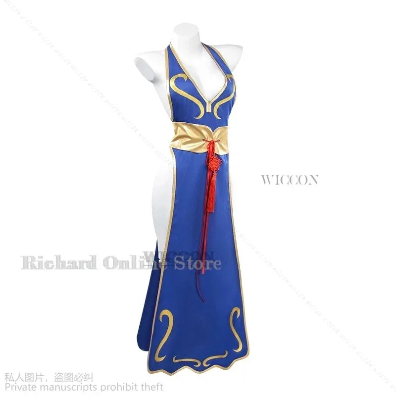Game Street Chun Li Cosplay Costumes Sutorito Faita Blue Cheongsam Dress Belt Headgear With Women Girls Clothes Halloween Party