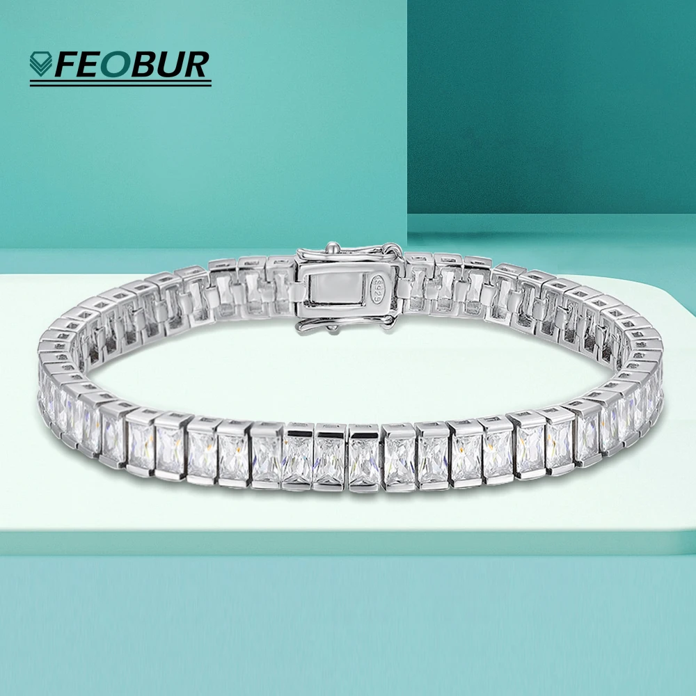 

3x5mm Full Emerald Cut Moissanite Tennis Bracelet Rectangle 925 Sterling Silver Plated 18k White Gold Bracelets for Women Men