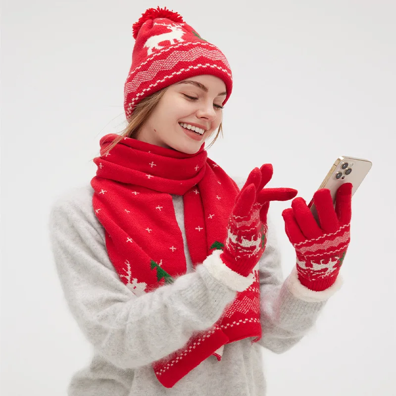New winter style European and American women's warm Christmas knitted hat glove scarf three-piece set thickened wool scarf