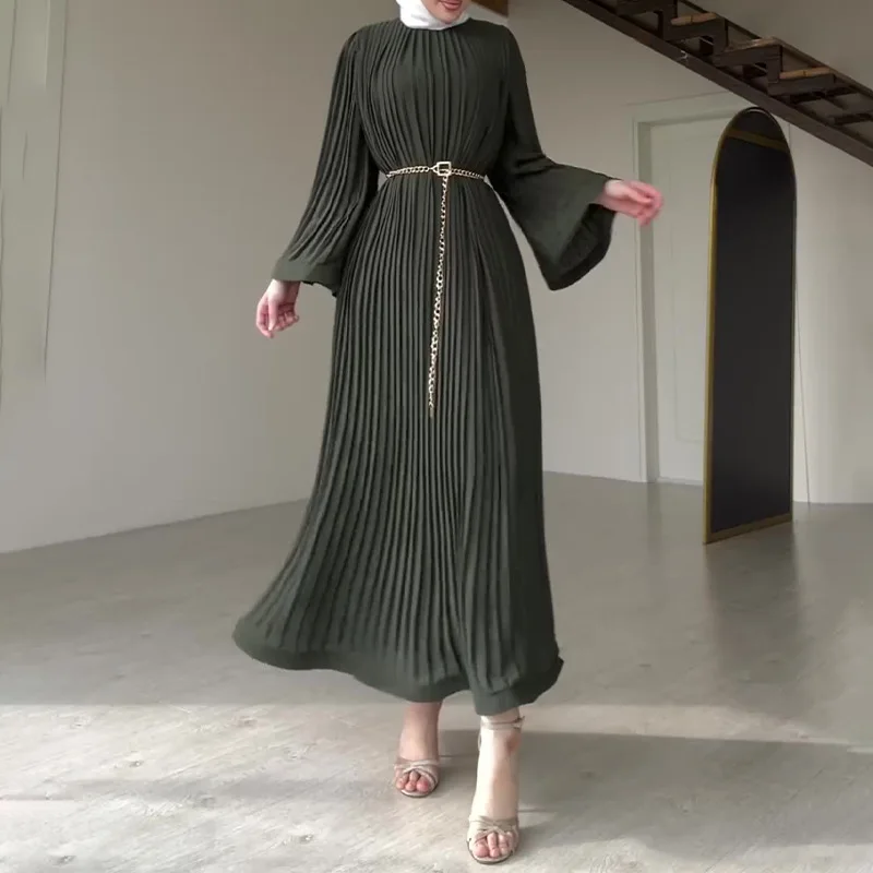 

Новое мусульманское плиссированное однотонное платье макси, модное повседневное свободное платье Абая с длинными рукавами в Дубае для женщин, изоляционная женская одежда для поездок на работу