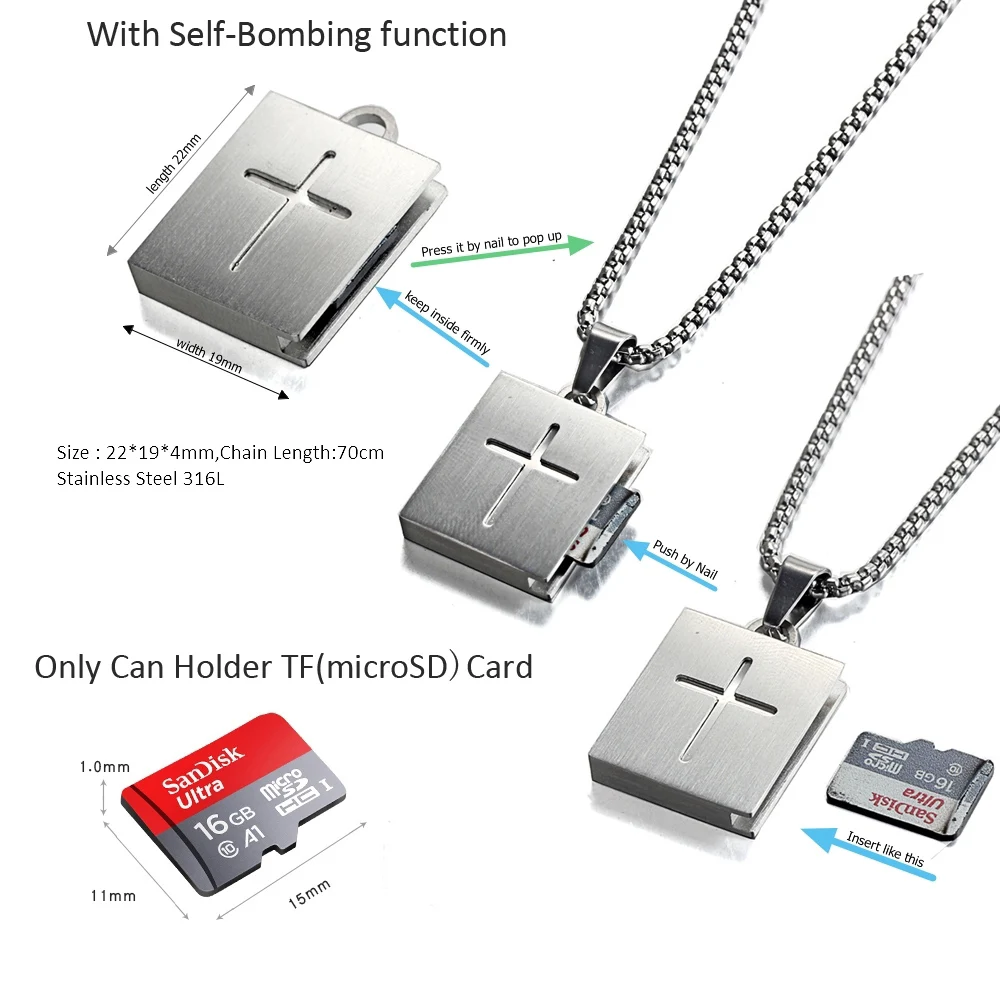 

Stainless Steel TF micro SD card holder bombing slot cross necklace