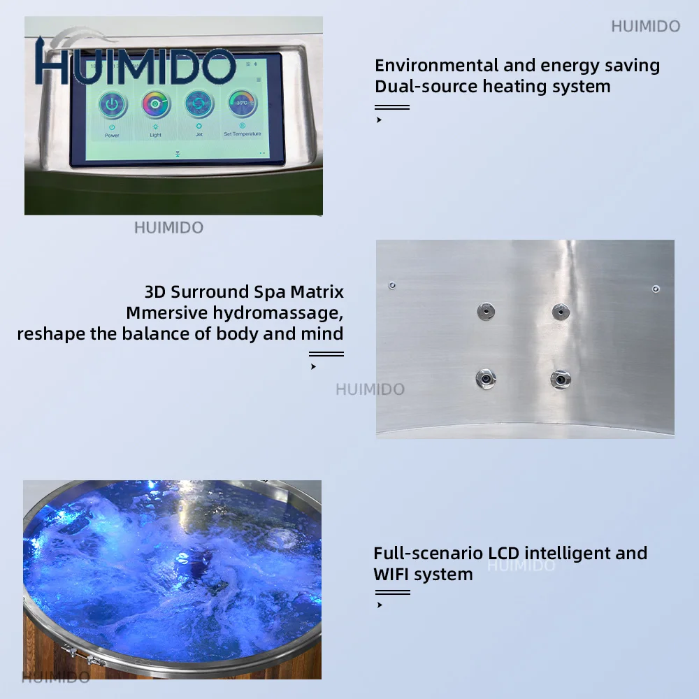 Chinese industrial design style outdoor cedar solid wood fired sauna hot tub spa stainless steel liner, suitable for 2-5 view 4