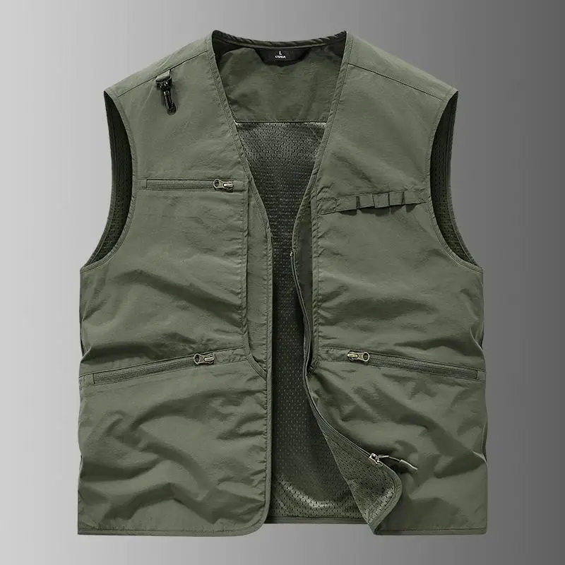 Outdoor V-neck Quick Drying Vest Men Multi Pocket Fishing Workwear Jacket Vest Printed Logo Mountaineering Sleeveless Jacket