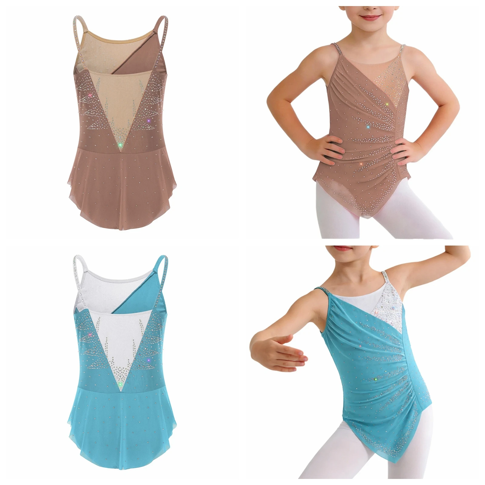 Maillots sin mangas para niñas, con malla y patchwork, para patinaje artístico, gimnasia rítmica, leotardos de ballet y disfraces de danza.