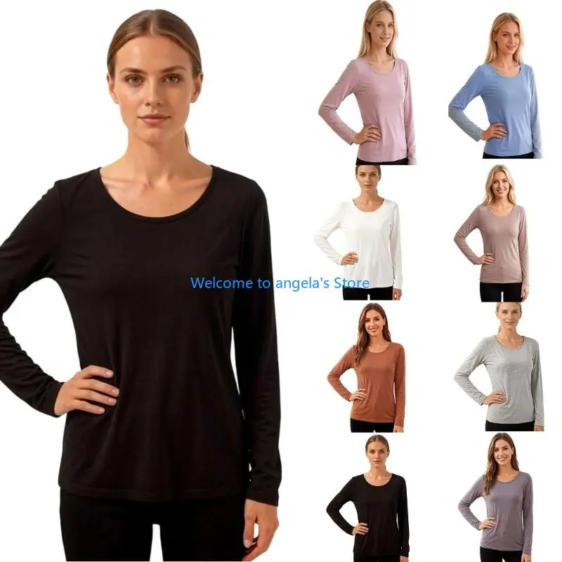 Women Long Sleeve Built In Bra T Shirt Round Neck Stretch Padded Undershirt Soft Fit Daily Basic Bottoming Tops