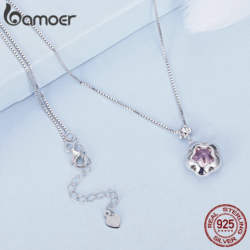 Bamoer 925 Sterling Silver Pink Flower Pendant Necklace Little Star Neck Chain Pave Setting CZ for Women Valentine\'s Day Gift