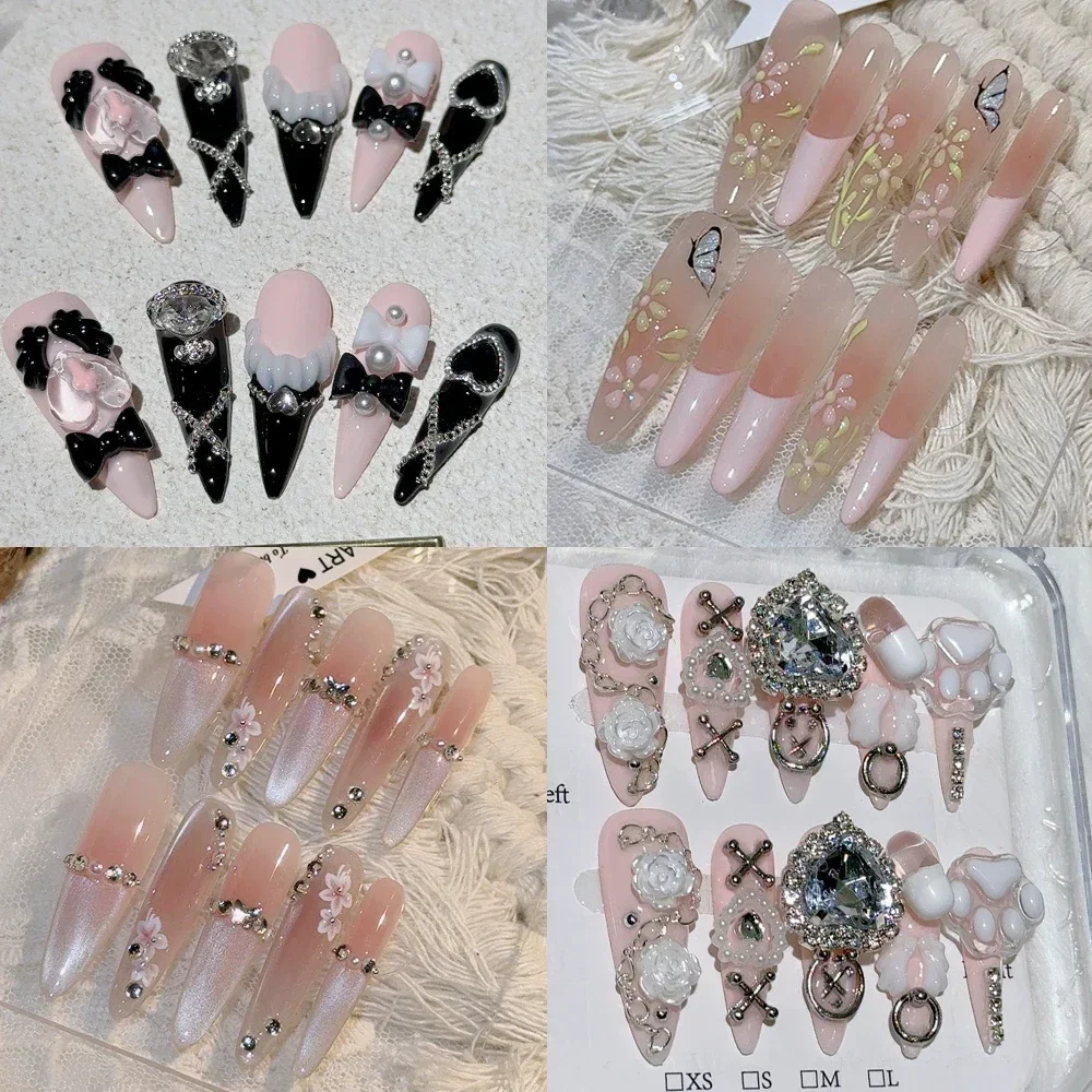 

Spring Long Cat Eyes Rhinestone Press On Nail Art Diy Handmade Diamond Long Oval Stilettos Fake Nails Birthday Party Gift