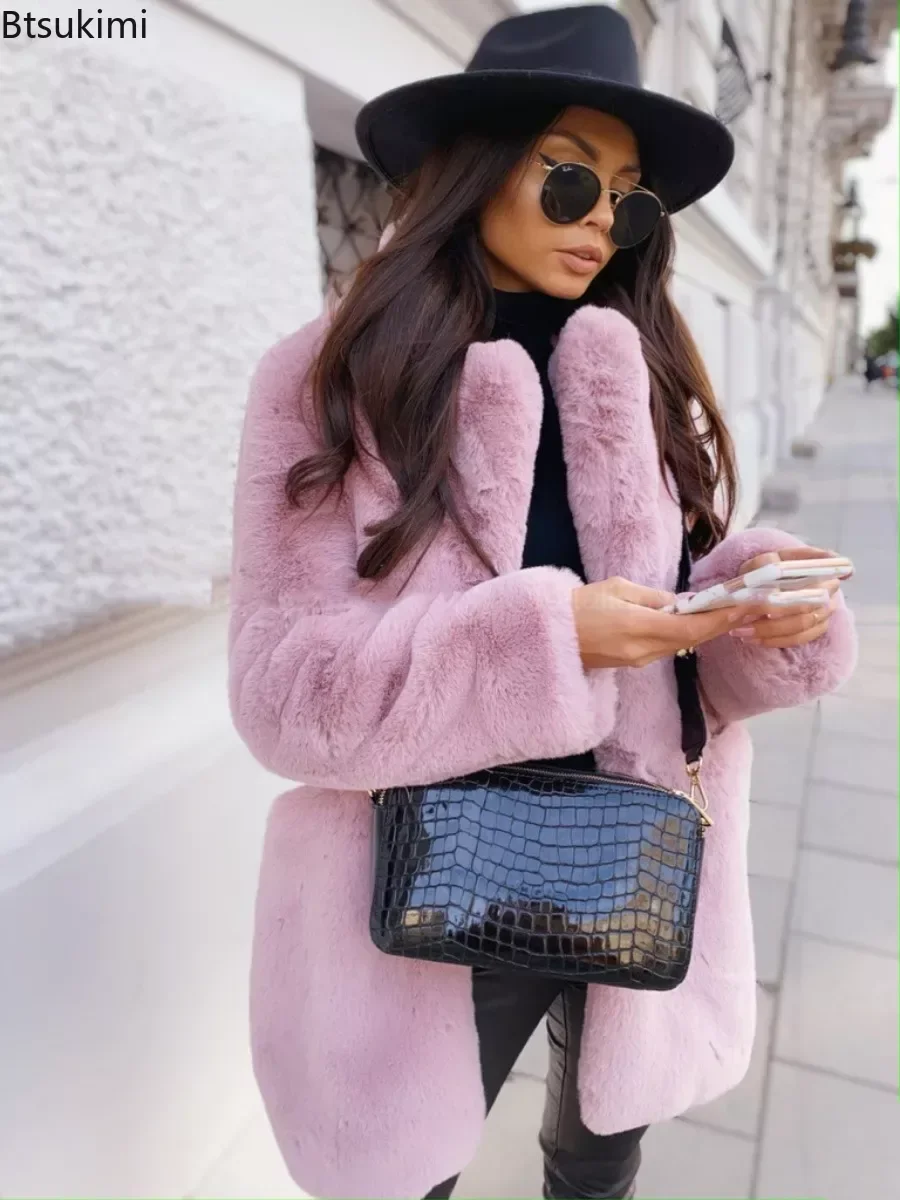 2024 Women\'s Faux Fur Coat Women Purple Long Sleeve Lapel Winter Coat Fashion Temperament Office  Fur Jackets Clothing Female