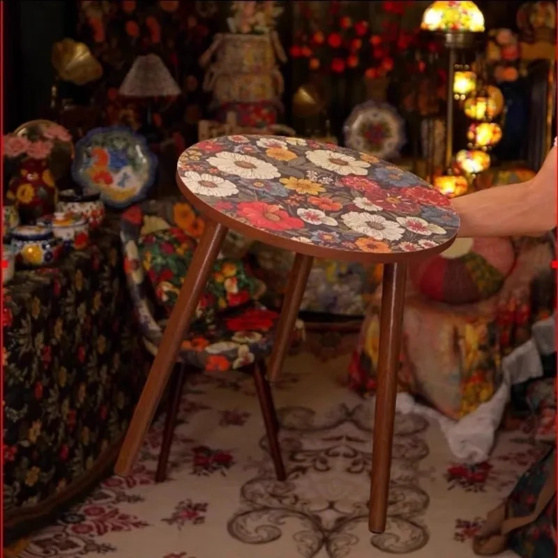 Colorful Boho Side Table Printed Coffee Table Round Accent Side Table End Table  Living Room Couch Bedroom Wood Bed Side Table