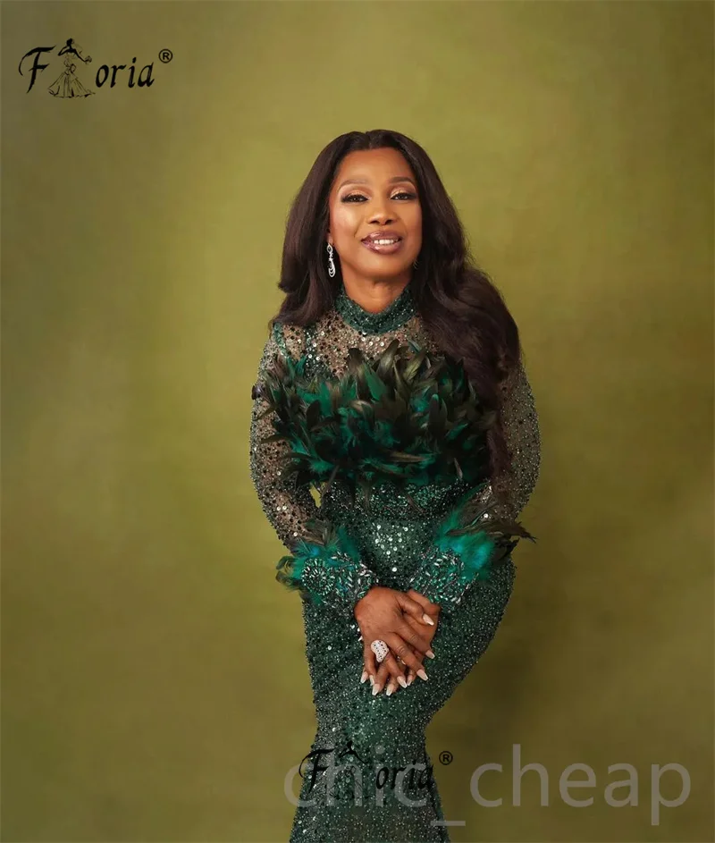 Feathers Aso Ebi Woman Dark Green Mermaid Evening Dress Sparkle Sequin Long Sleeves Wedding Enagement Gowns Plus Size Prom Dress