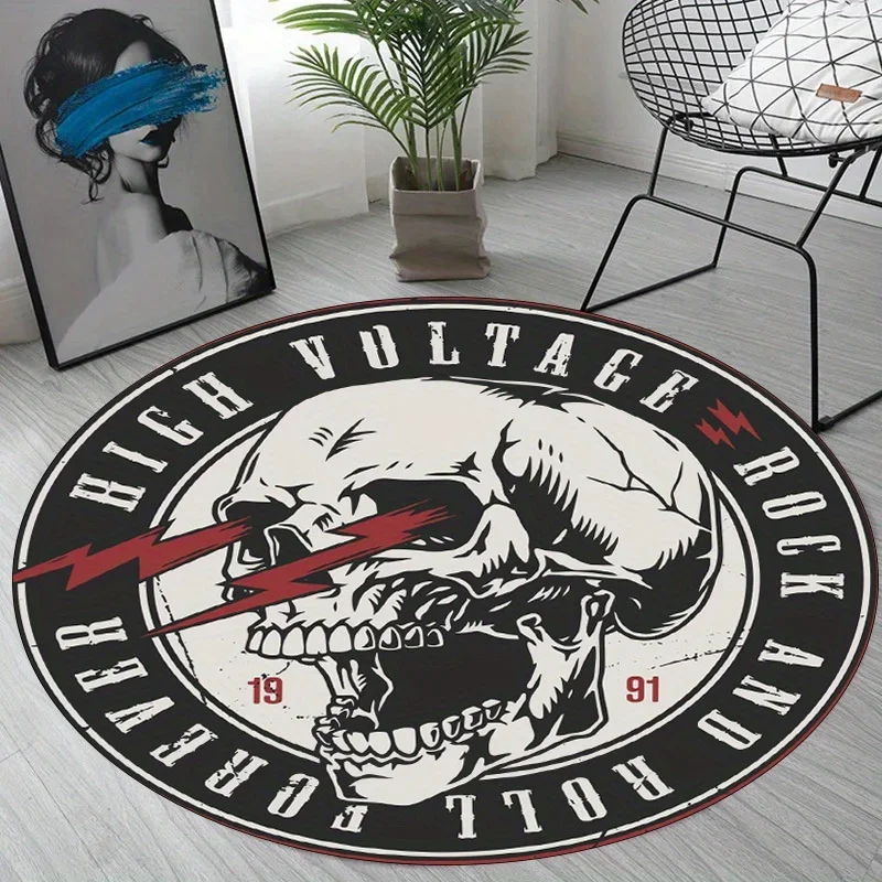 Retro Rock Skull Round Area Rug Non Slip Soft Floor Mat Living Room Bedroom Game Room Decor Floor Protector Carpet