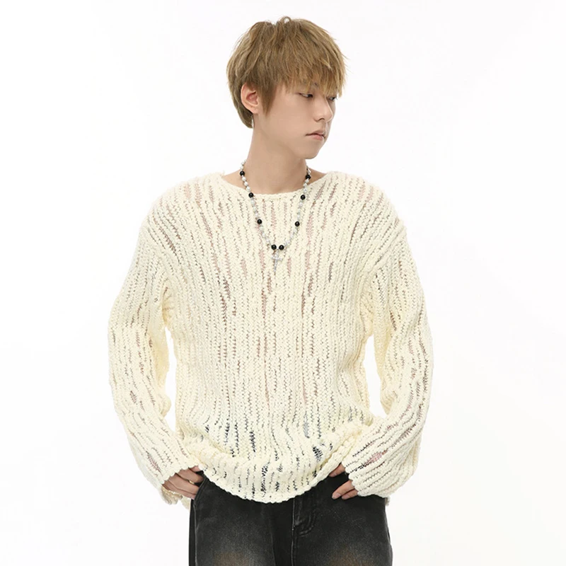 IEFB Korean Style Men's Sweater Hollow Out Knitted Round Collar Solid Color Long Sleeve Male Loose Trendy Pullovers New  9C7311