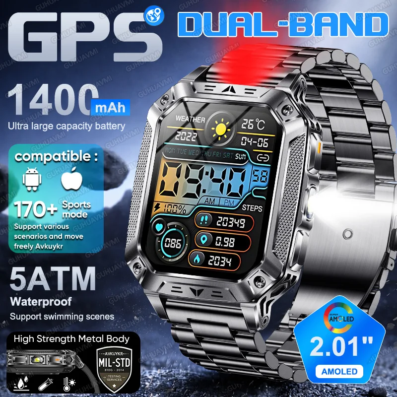 

2026 Dual-band GPS Smart Watch Military Men 1400mAh Large Battery 2.01"AMOLED 5ATM Waterproof 170+Sports Fitness Ride Smartwatch