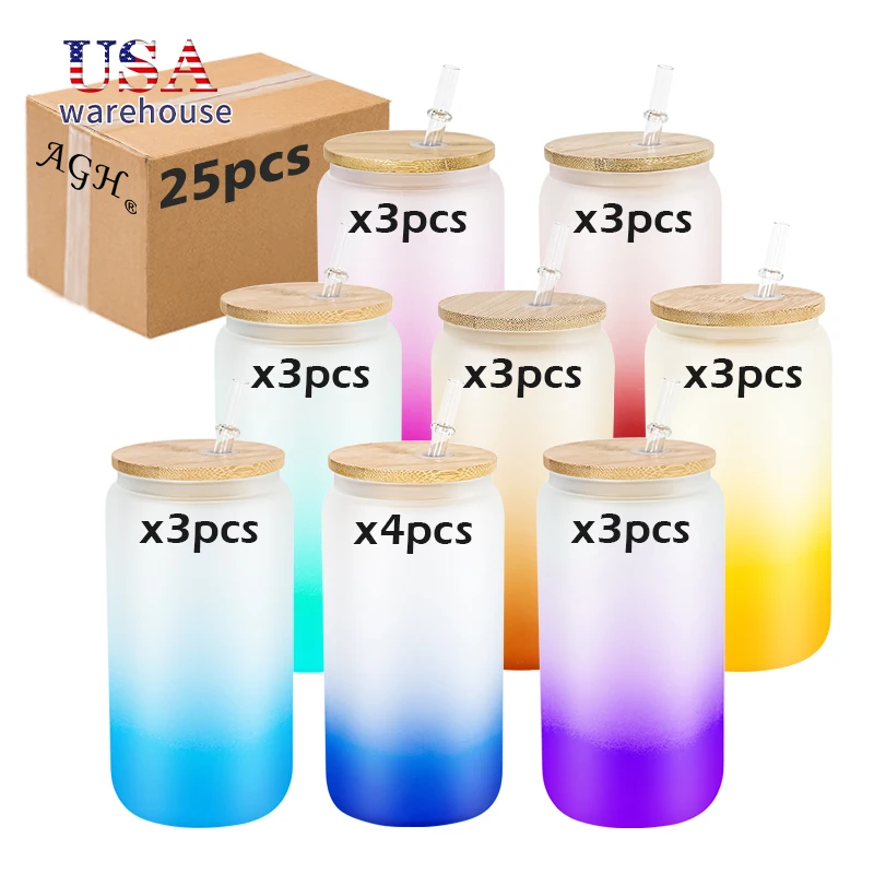 

25pcs Mixed Colors 16oz Ombre Frosted Sublimation Glass Beer Can with Bamboo Lid and Plastic Straw Wang