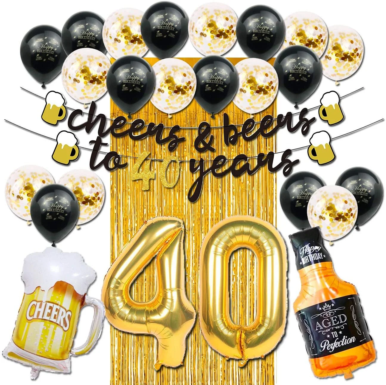 Profe und Biere bis 40 Jahre Banner Schwarz und Gold Jubiläums-Geburtstagsparty-Dekorationen mit Bierkrug-Konfetti-Luftballons
