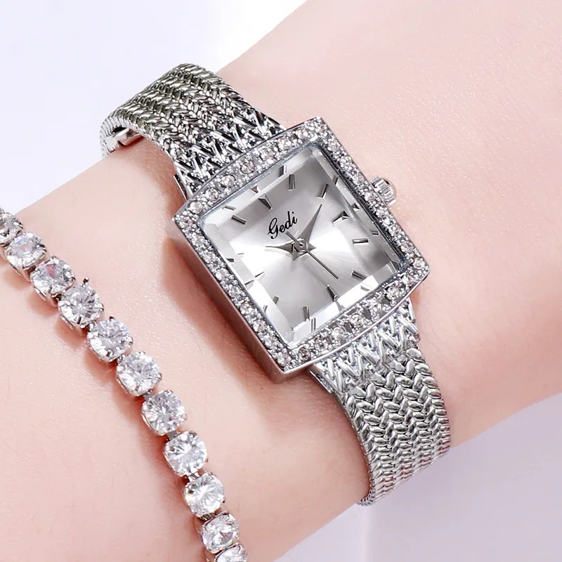 2024 Fashion Gedit Top Brand Mesh Steel Retro Square Women\'s Luxurious Diamond Inlaid High-end Sense Quartz Gifts Wrist Watches