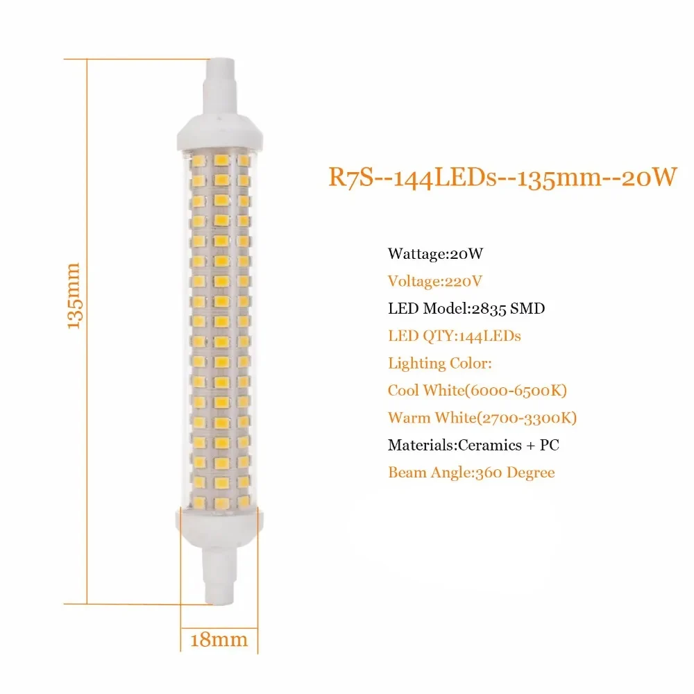 Dimmable R7s Led Bulb 20w Tube Light Lights 220v 15watt 10watt 135mm Corn Warm 6500k Ceramic Halogen Bulb Replacement Decorative