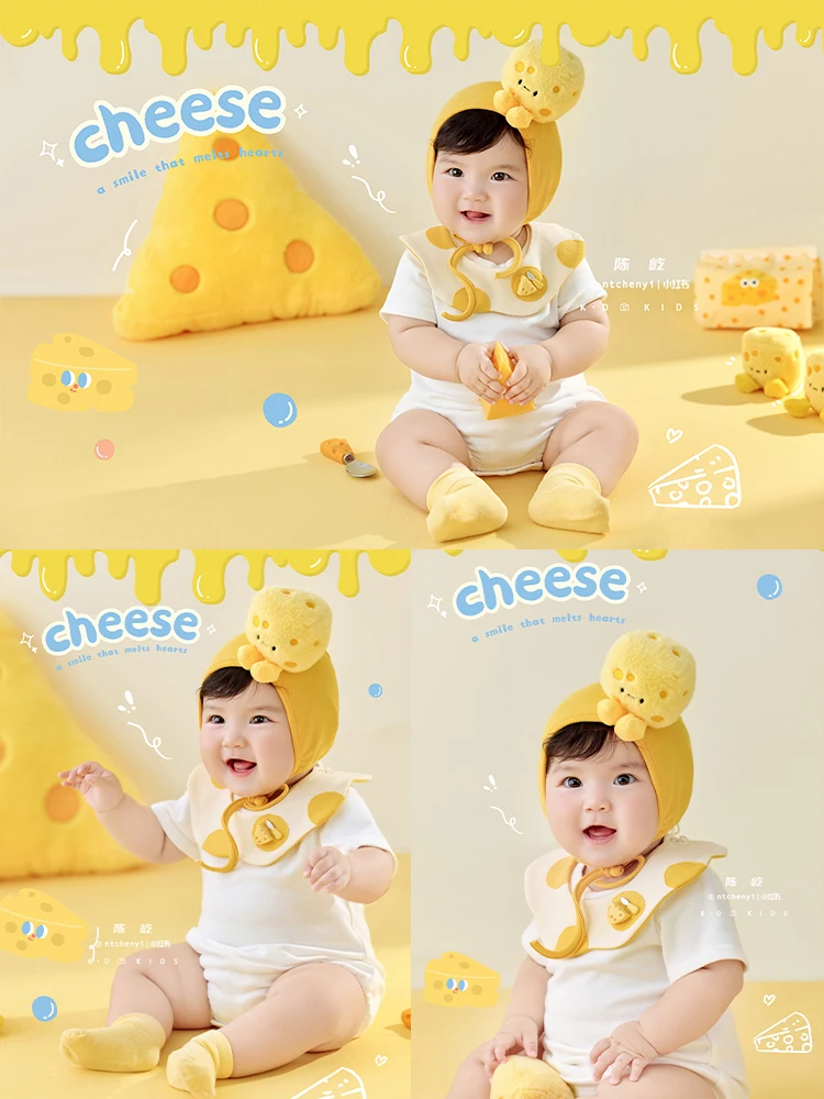 

Adorable Cheese Theme 3-4 Month Baby Photography Props Baby Jumpsuit+Hat Set Cheese Plush Props Photo Studio Shooting Accessory