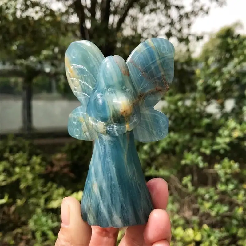 9.5CM Natural Blue Onyx Agate Fairy Gemstone Butterfly Spirit Fairy Stone Crafts Man Made Agate Sculpture Home Decoration 1pcs