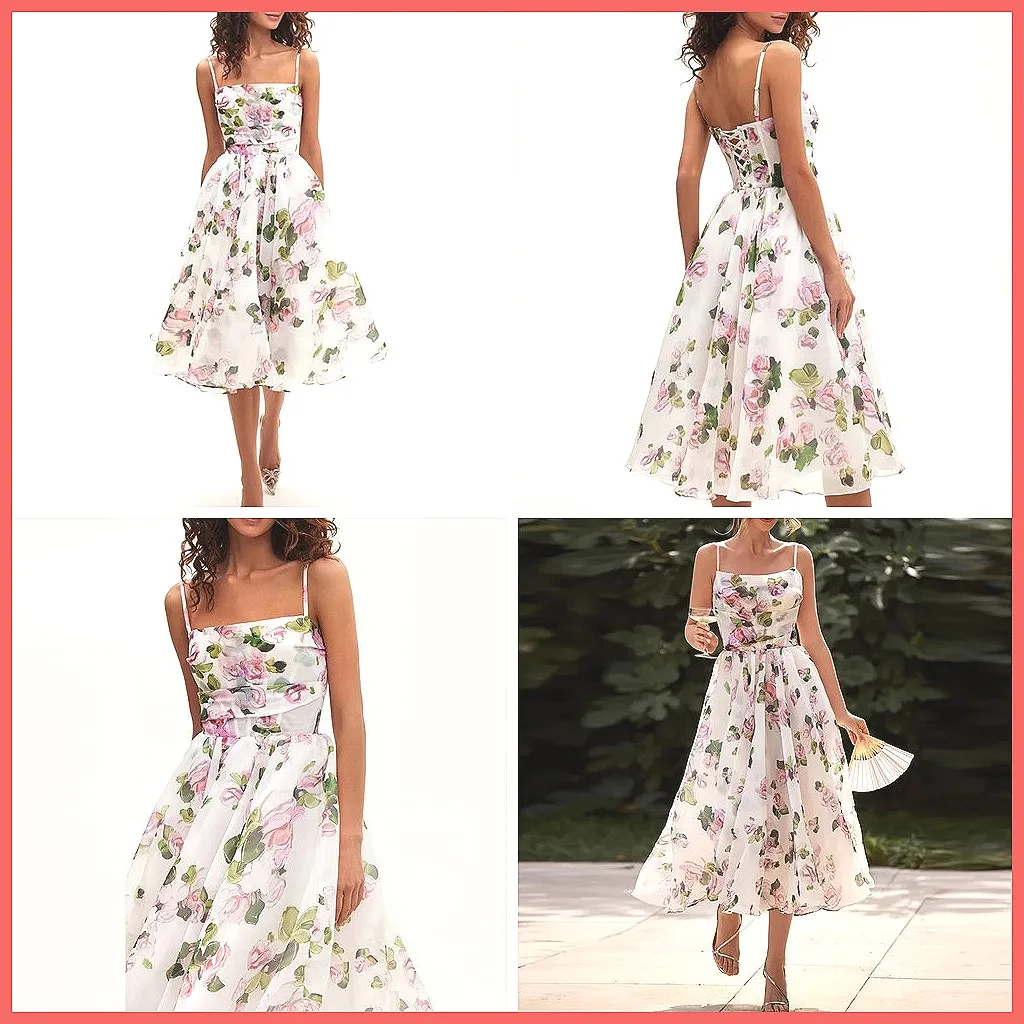 Summer Floral Print Chiffon Dress Sleeveless High Waist Slash Neck Elegant Pleated Evening Dress
