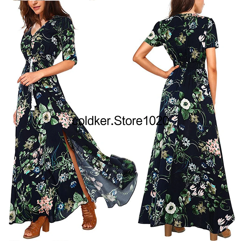 Women Bohemian Vintage Ethnic Floral Print Dress Holiday Style V Neck Short Sleeve Loose Split Long Holiday Beach Dress.