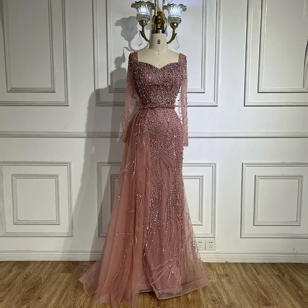 SERENE HILL Customized 2025 Saudi Arabia Evening Pink Beaded Women Party Dresses Mermaid Overskirt Formal Occasions GLA72441