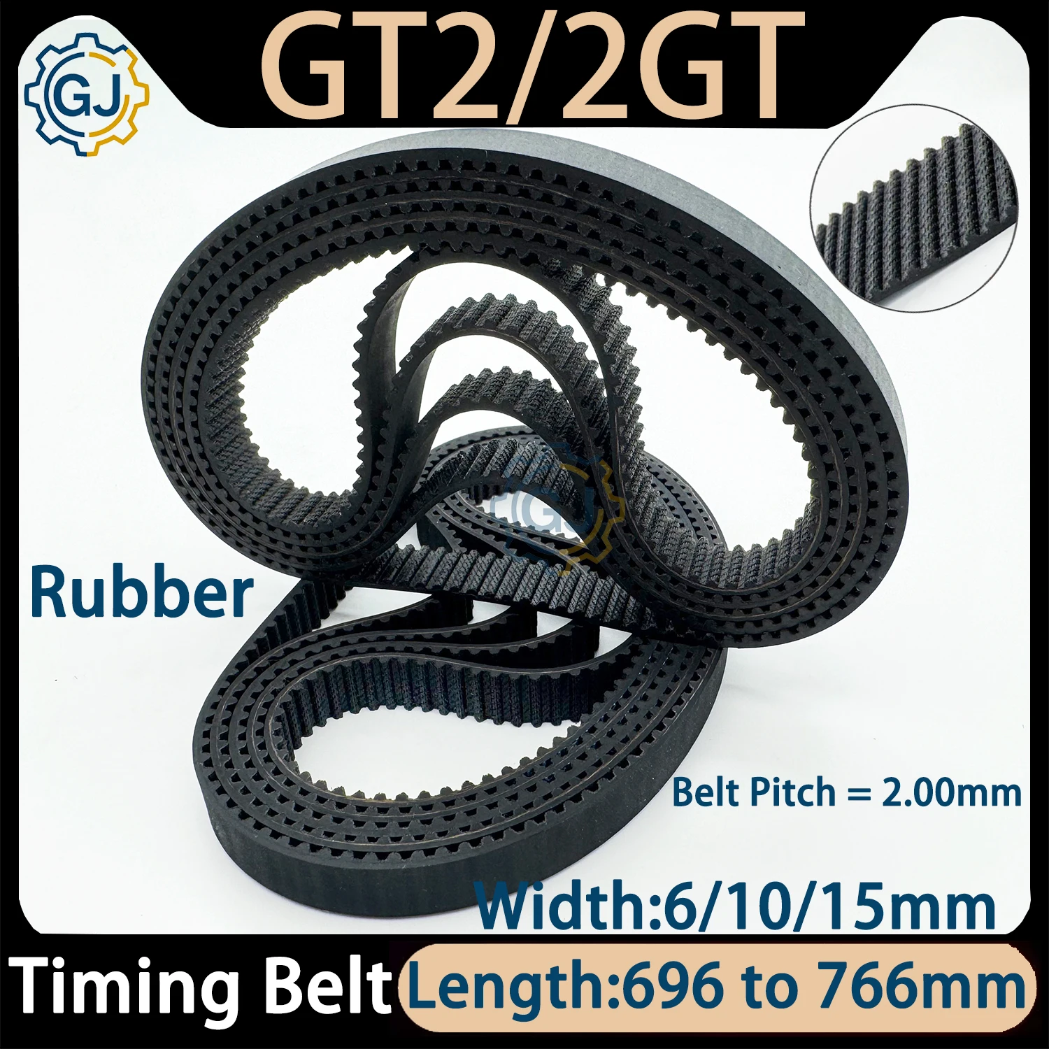 3D Printer GT2 Width 6/10/15mm Closed Loop Rubber 2GT Timing Belt Length 696 700 702 710 726 730 738 740 742 750 752 760 766mm