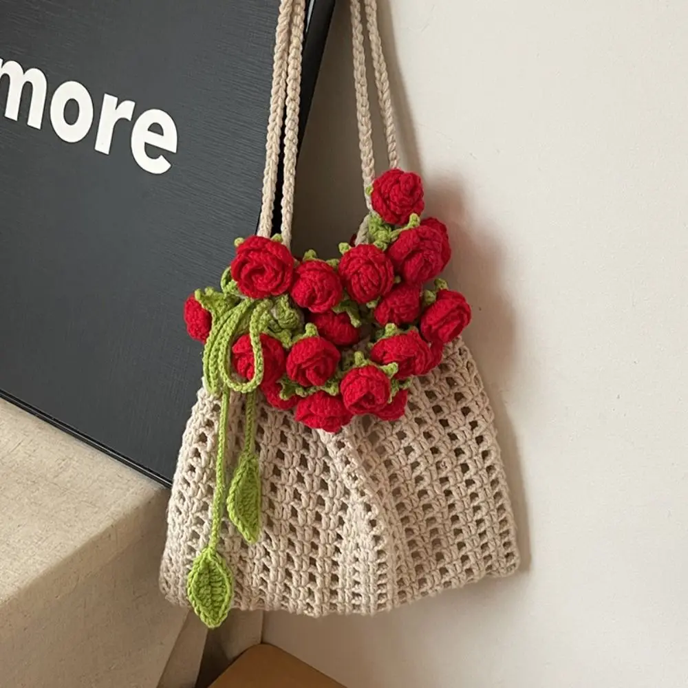 

Bohemian Rose Bouquet Weave Bag Cotton Rope Crochet Knitted Flower Shoulder Bag Rustic Storage Bag Rose Beach Bucket Bag Travel