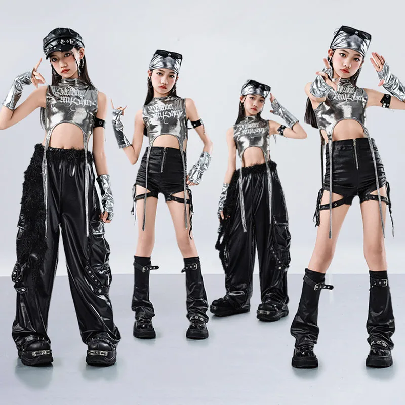 

Kid Hip Hop Clothing Silver Mock Neck Crop Tank Top Black Faux Leather Cargo Pants Strap Shorts for Girl Dance Costume Clothes