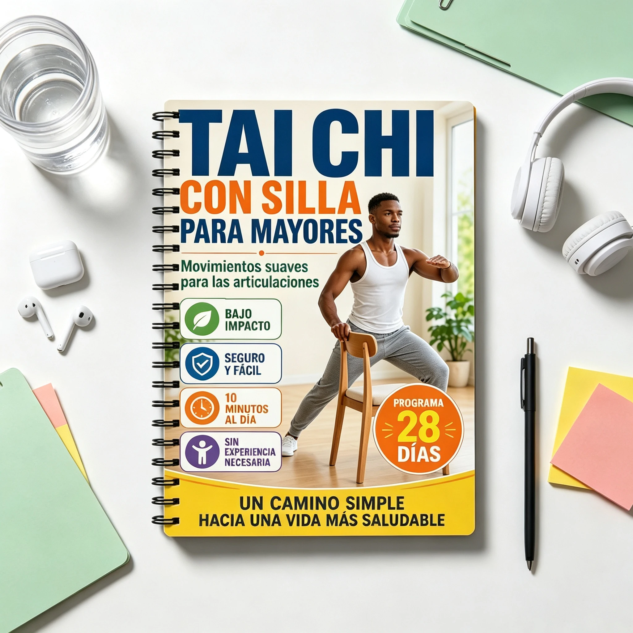 Spanish Themed Spiral Notebook for Senior Chair Tai Chi, Cover With 28-Day Chair Tai Chi Fitness Program, Low-Impact Gentle Join