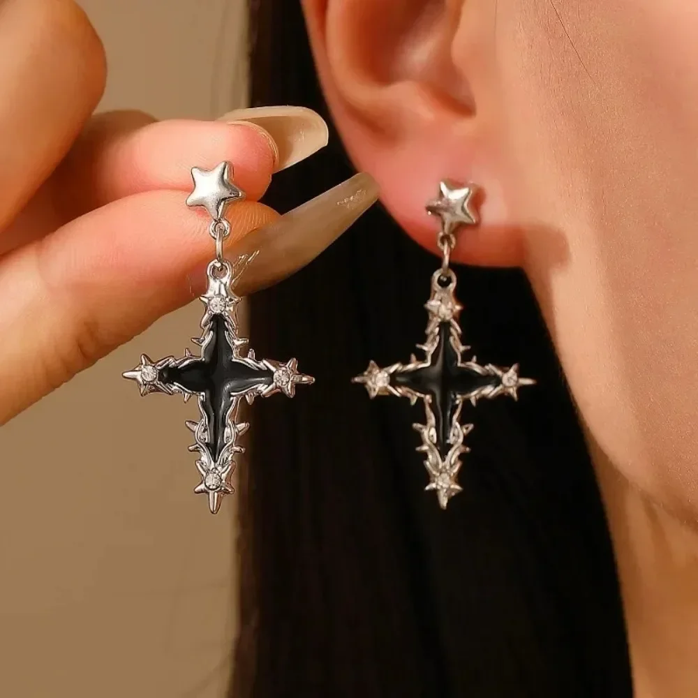 High End Punk Niche Five Pointed Star Cross Earrings Sweet Cool Dazzling Fashion Jewelry for Women
