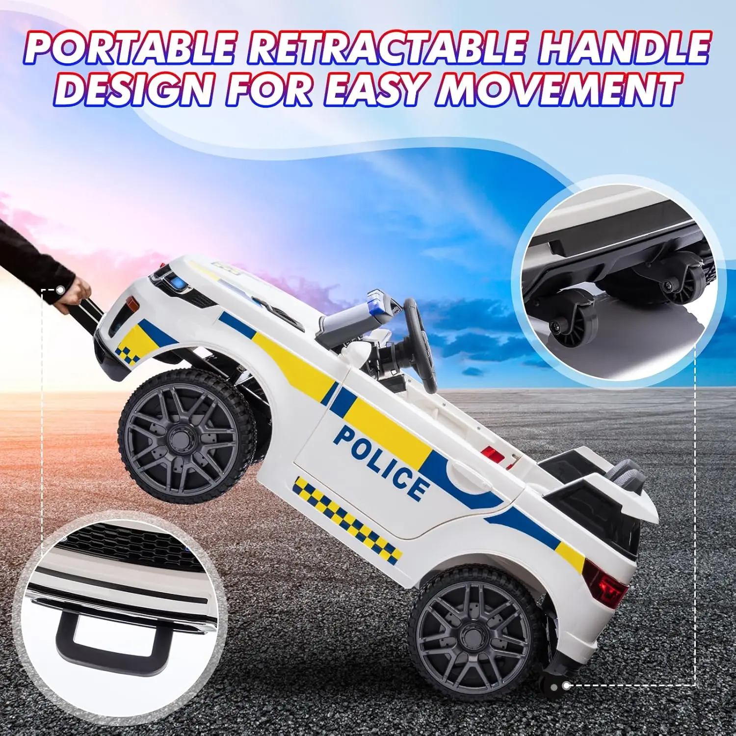 Giro in auto per bambini su veicolo elettrico a 4 ruote giocattolo per bambini con telecomando, megafono, luci lampeggianti, sospensione a molla, musica