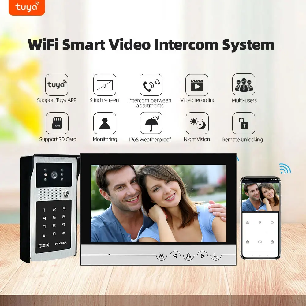 9 inch WIFI Video Doorbell Tuya Waterproof Outdoor Intercom System Smart Home Door Phone Camera With ID Card Key Password