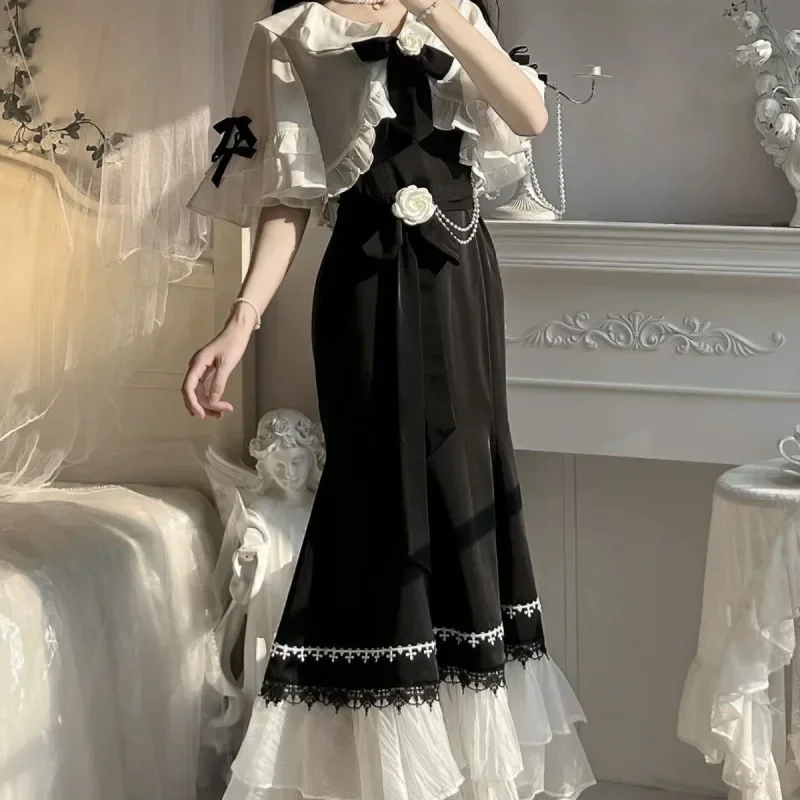 

French Style Leaf Edge Splicing Shoulder Fish Tail Skirt Two-Piece Set Women's Waist-Cinching Slimming Fashionable Ensemble 2025