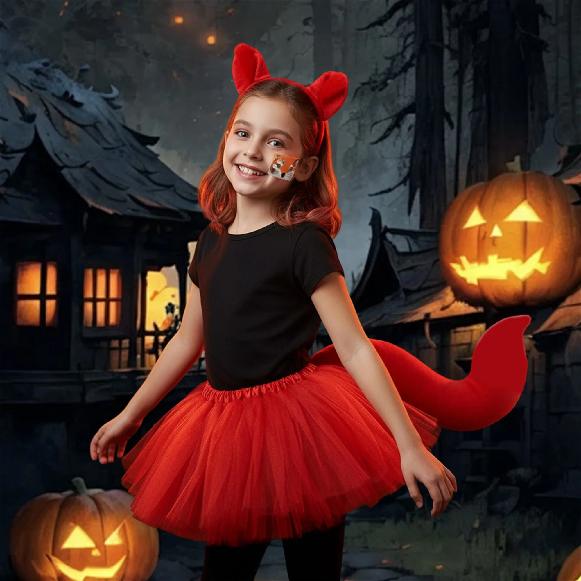 أطفال الثعلب زي 4 قطع ملابس الخيال حزب تأثيري آذان الحيوان عقال الذيل توتو تنورة الوجه ملصق مجموعة للأطفال حزب #5