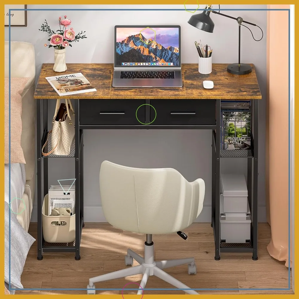 

37.3 Inch Brown Computer Desk with Drawers and Storage Shelf, Ideal for Home Office, Kids Study, or Small Space Bedroom